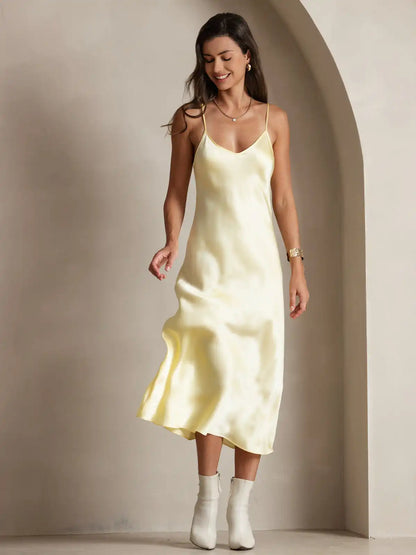 100% Mulberry Silk Spaghetti Strap V-neck Midi Nightgown
