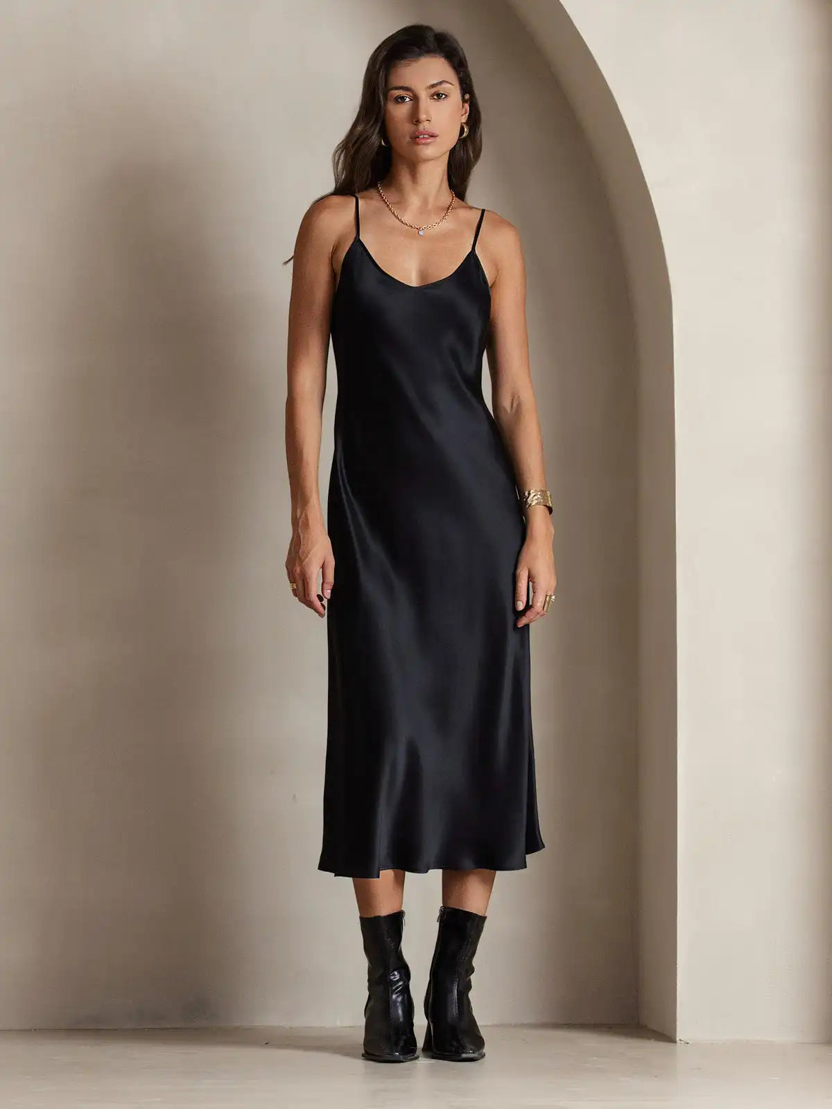 100% Mulberry Silk Spaghetti Strap Midi Long Dress