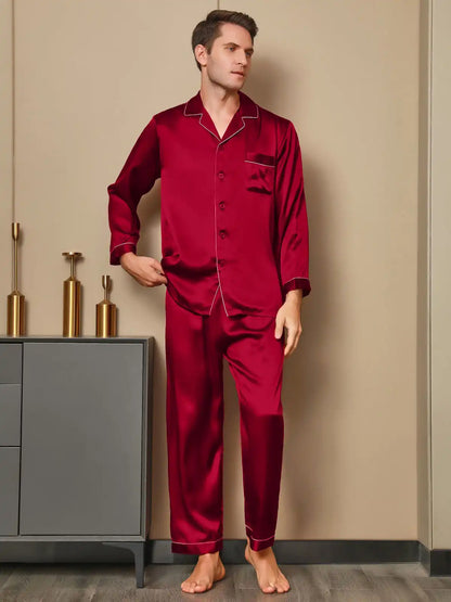 100% Mulberry Silk Long Sleeve Notch Collar Men's Pajamas Set with Button Up Design