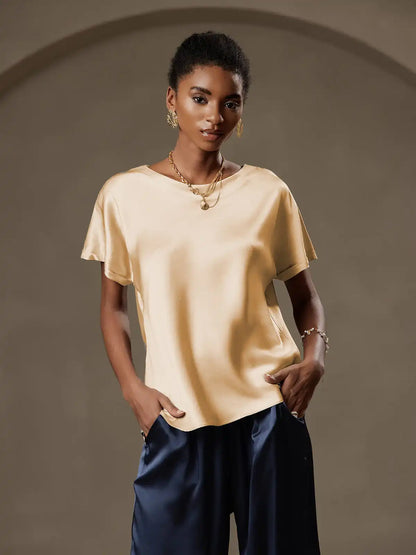 Clearance - 19Momme Silk Short Sleeve Boat Neck Cuffed Sleeve Women's T-Shirt