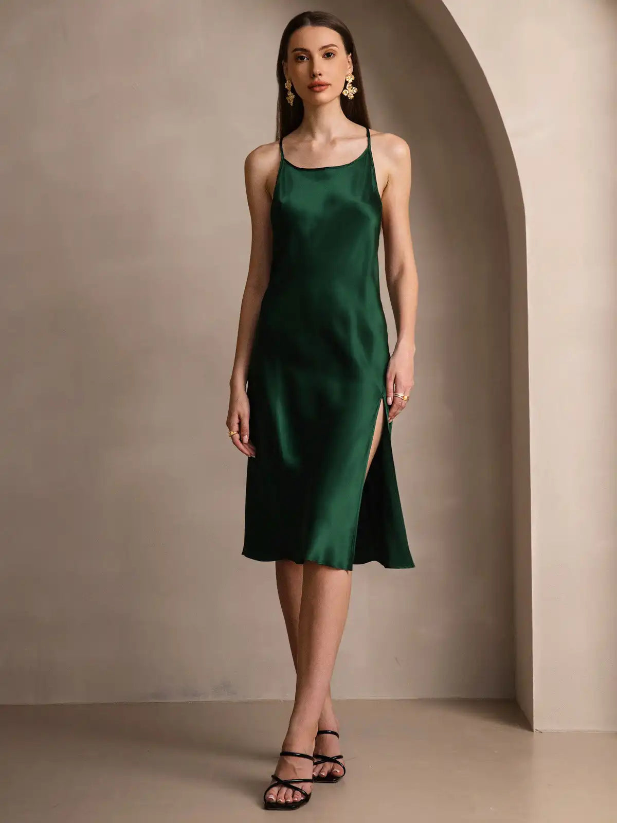 Elegant 100% Mulberry Silk Cross Backless Midi Dress with Side Slit