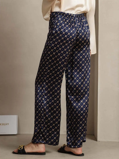 19Momme Silk Chain Print Wide Leg Women's Pants With Side Pockets Design