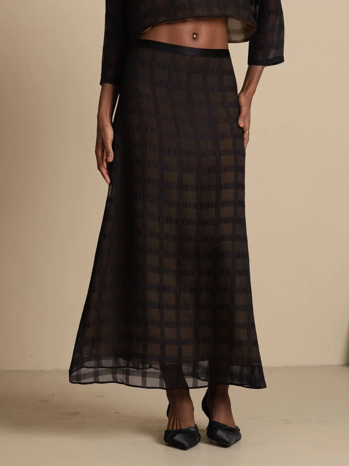 Clearance - 100% Mulberry Silk High-Waist A-Line Textured Grid Long Skirt With Back Zipper