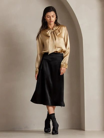 Clearance - 19Momme Silk A Line Long Slit Skirt with Zipper Design