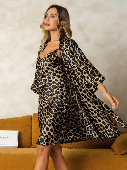 100% Mulberry Silk Leopard Print Short Nightgown&Robe Set