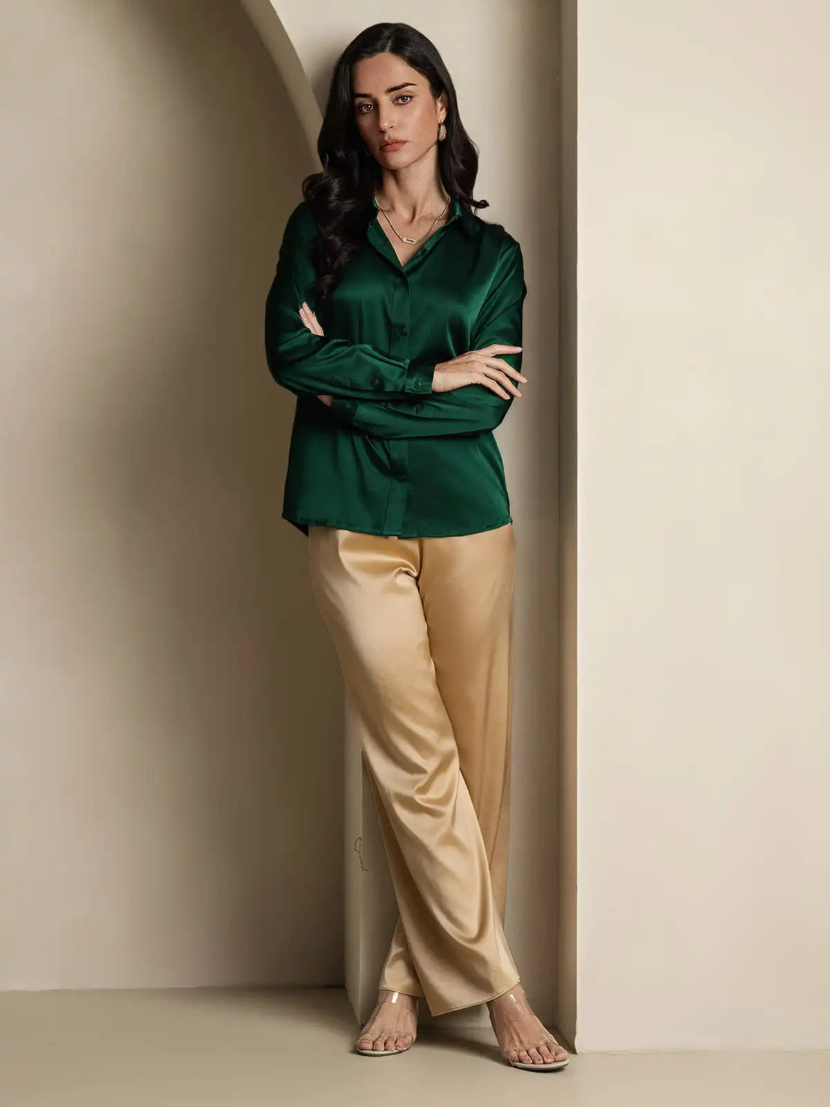 19Momme Silk Long Sleeve Lapel Collar Women's Shirt