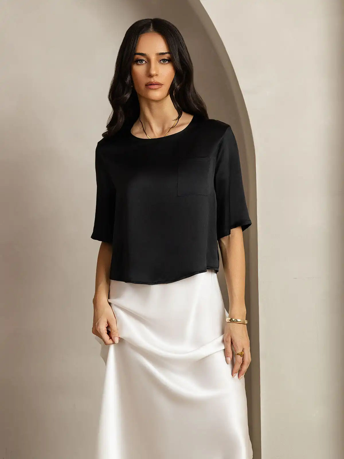 100% Mulberry Silk Women's Blouse Short Sleeve Boxy Crop Top