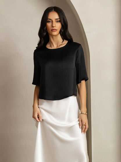 100% Mulberry Silk Women's Blouse Short Sleeve Boxy Crop Top