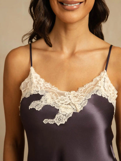 100% Mulberry Silk Spaghetti Strap V Neck Camisole Set with Lace Design