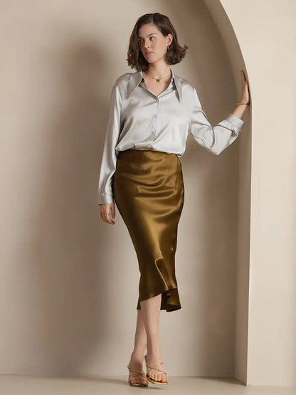 100% Mulberry Silk Stretch Long Straight Skirt