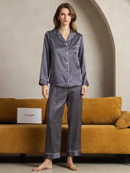 Clearance - Women's 100% Mulberry Silk Ginkgo Print Long Sleeve Lapel Collar Pajamas Set