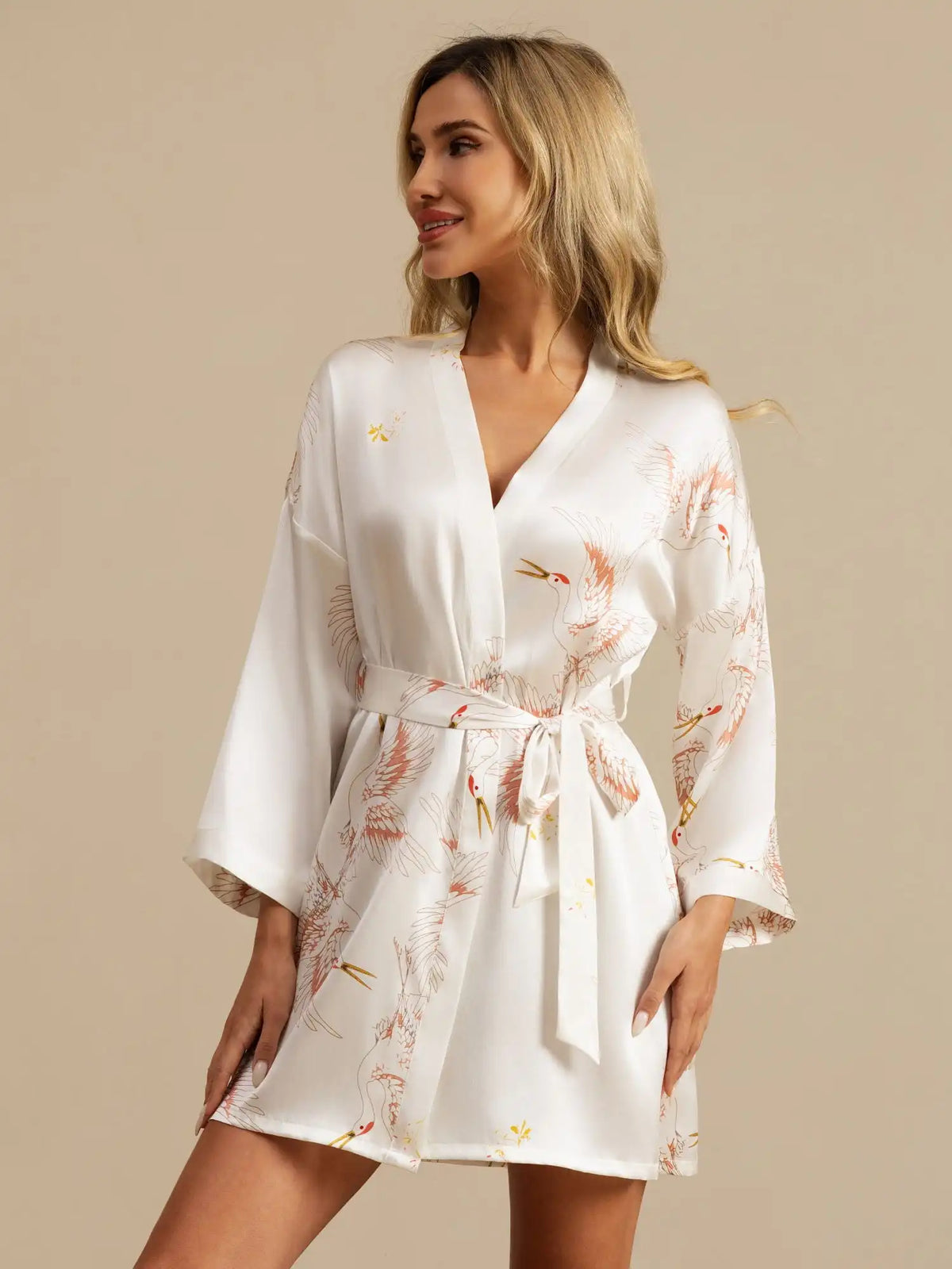 19Momme Women's 100% Mulberry Silk Crane Print 3/4 Sleeve Short Kimono Robe