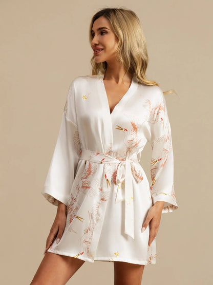 19Momme Women's 100% Mulberry Silk Crane Print 3/4 Sleeve Short Kimono Robe