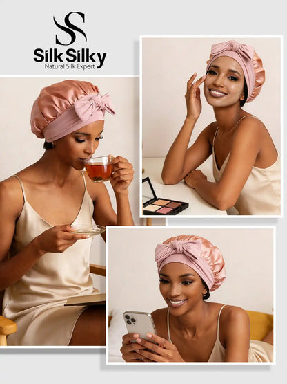 100% Mulberry Silk Bonnet Bowknot Tie Sleep Cap for Hair Protection