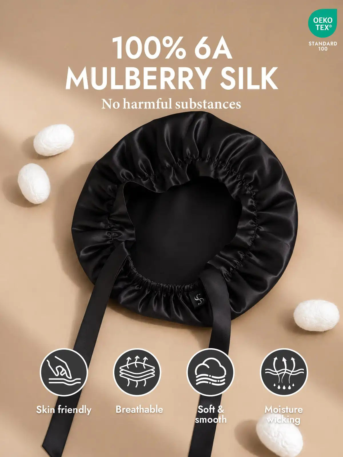 100% Mulberry Silk Sleep Bonnet with Ribbons
