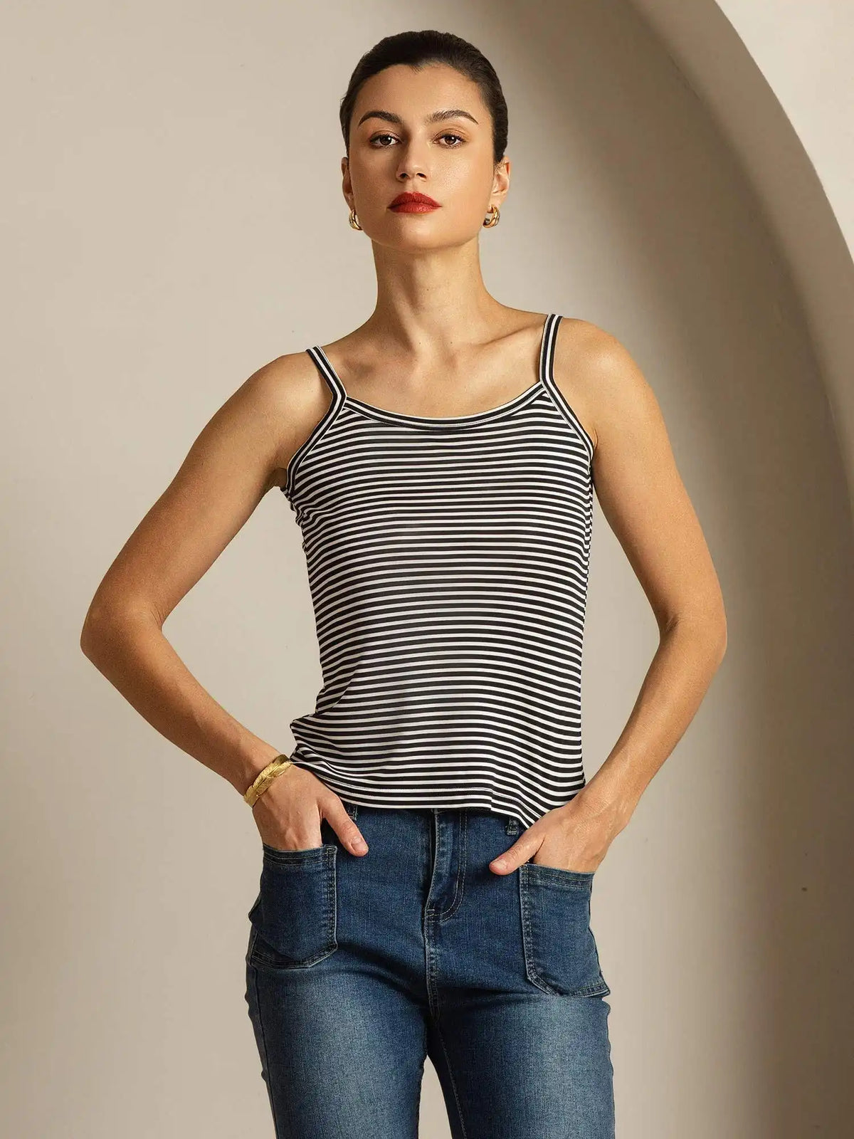 100% Mulberry Silk Spaghetti Strap Square Neck Stripe Camisole Top