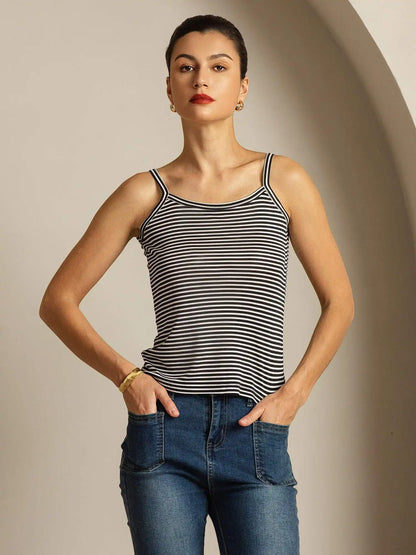 100% Mulberry Silk Spaghetti Strap Square Neck Stripe Camisole Top