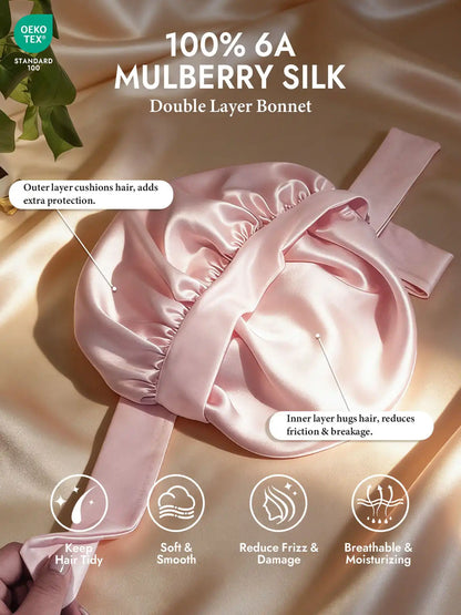 100% Mulberry Silk Double-Layer Bonnet with Adjustable Long Tie