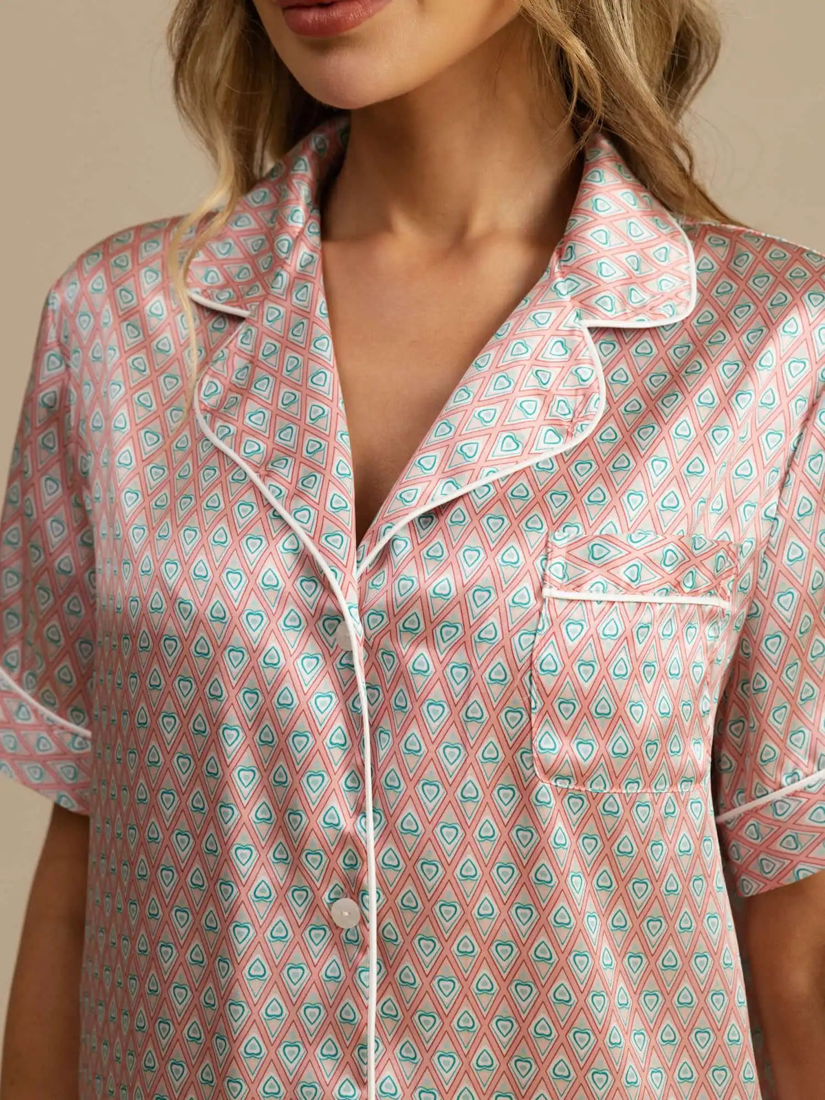 Clearance - 100% Mulberry Silk Geometric Print Short Sleeve Notch Collar Women's Pajamas Set With Pants