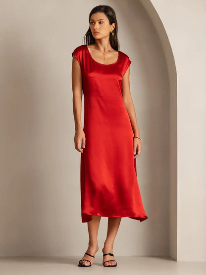 19Momme Silk Cap Sleeve Round Neck Midi Dress