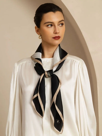 100% Mulberry Silk White Ribbon Square Scarf - Size 90x90cm