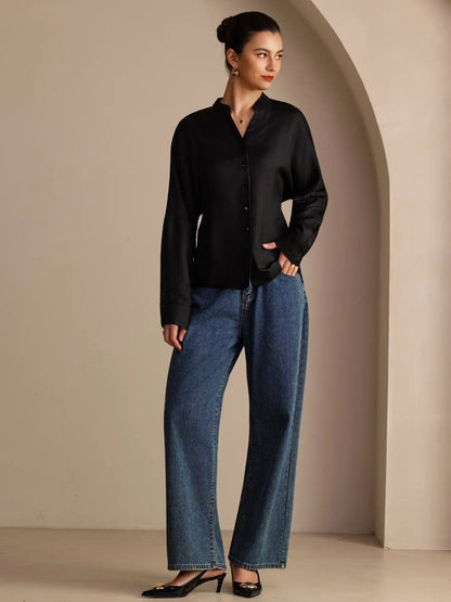 100% Mulberry Silk Women’s Split Neck Long Sleeve Blouse With Drawstring