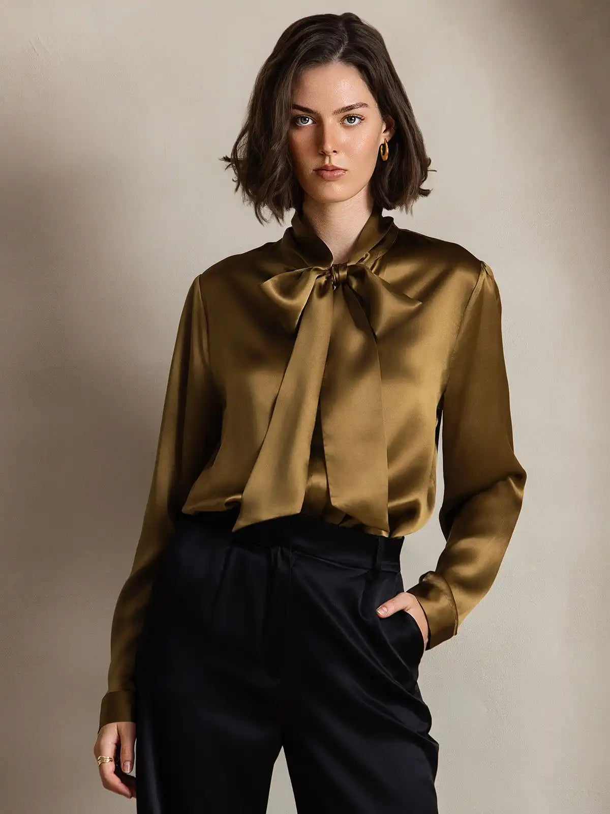 Elegant 19Momme Silk Long Sleeve Tie Neck Blouse