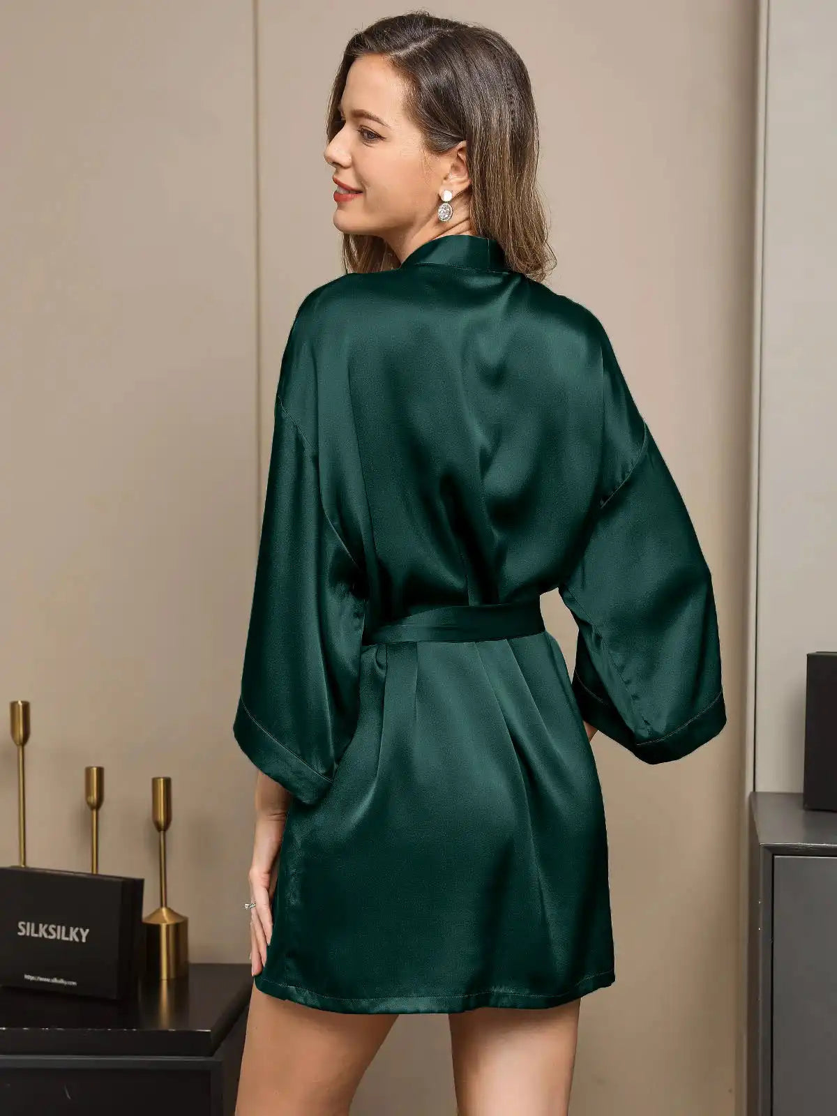 100% Mulberry Silk 3/4 Sleeve Short Women's Kimono Robe with Wrap Design