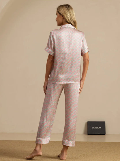 Clearance - 100% Mulberry Silk Geometric Print Short Sleeve Notch Collar Women's Pajamas Set With Pants