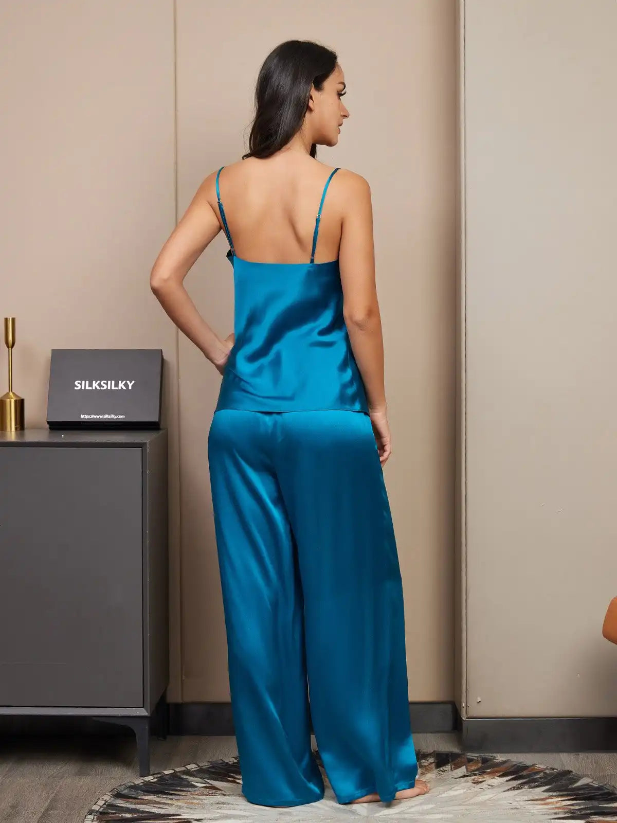 100% Mulberry Silk Spaghetti Strap V Neck Cami & Wide Leg Pants Pajama Set