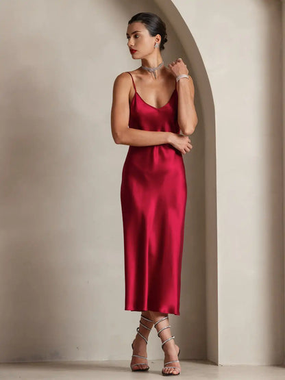 100% Mulberry Silk Spaghetti Strap Midi Long Dress