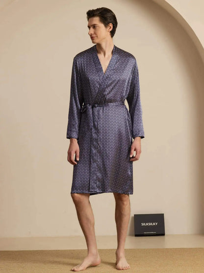 100% Mulberry Silk Men’s Knee Length Ginkgo Printed Robe With Belted Design