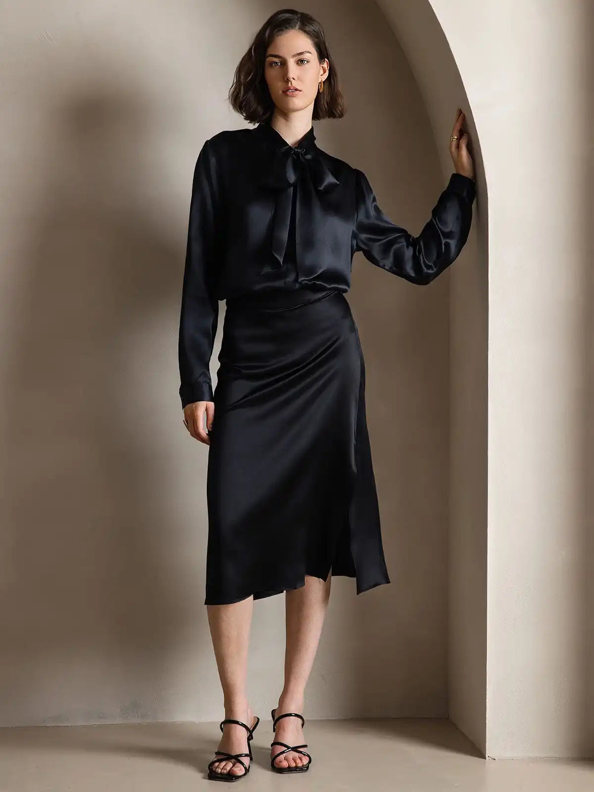 Elegant 19Momme Silk Long Sleeve Tie Neck Blouse