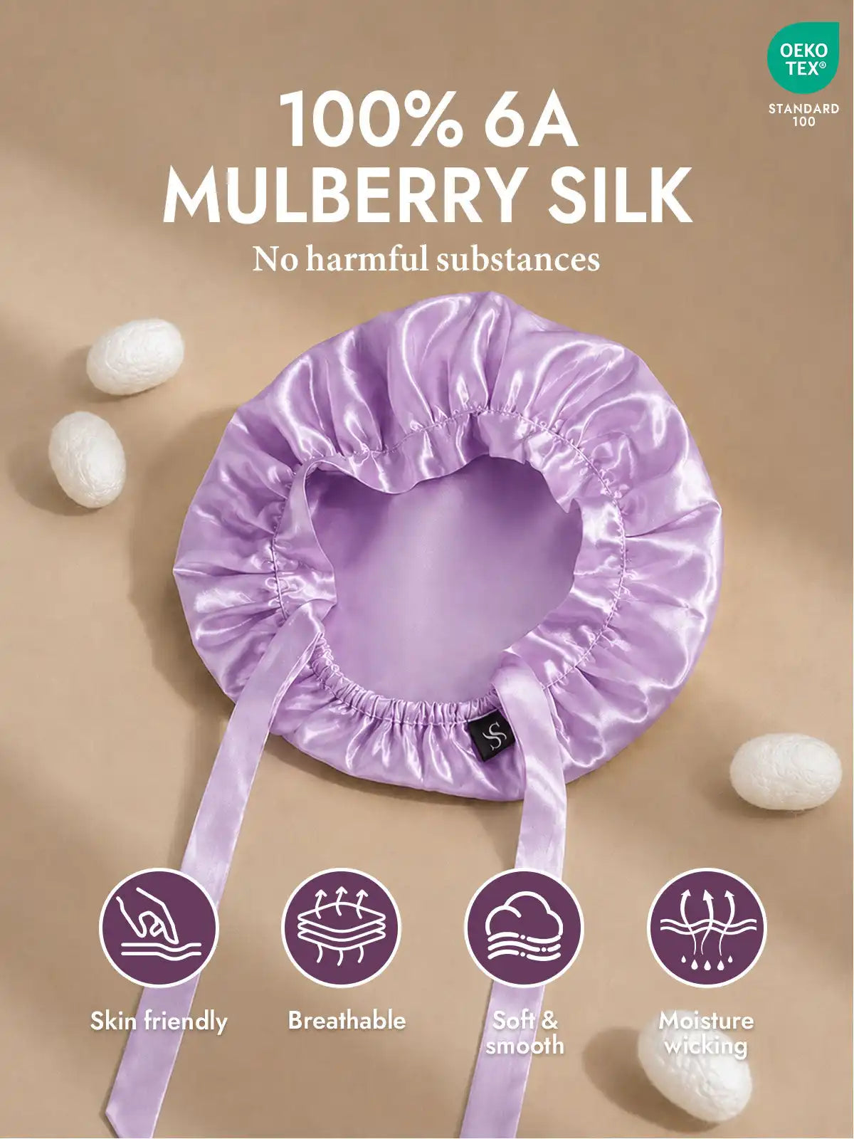 100% Mulberry Silk Sleep Bonnet with Ribbons
