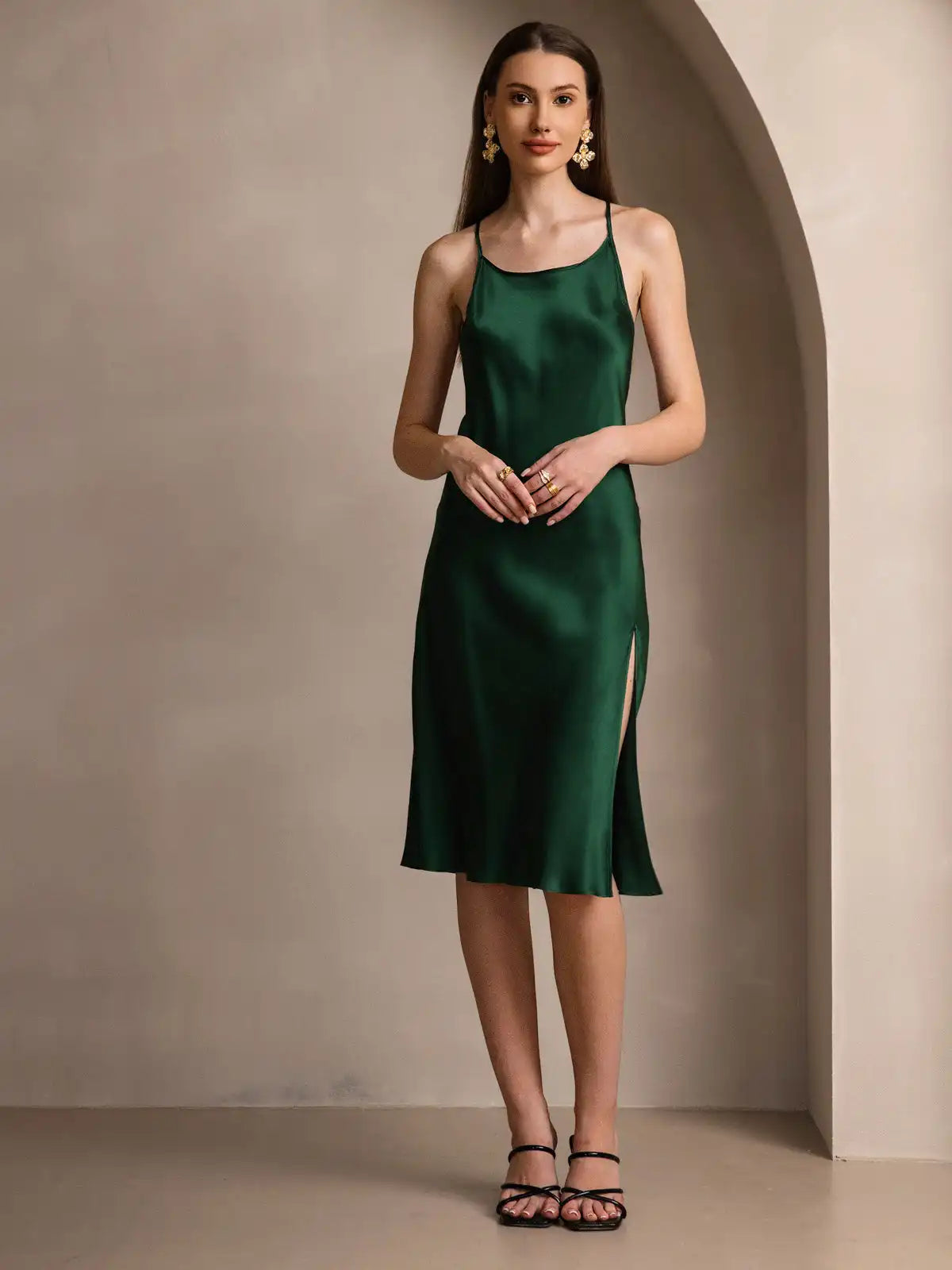 Elegant 100% Mulberry Silk Cross Backless Midi Dress with Side Slit