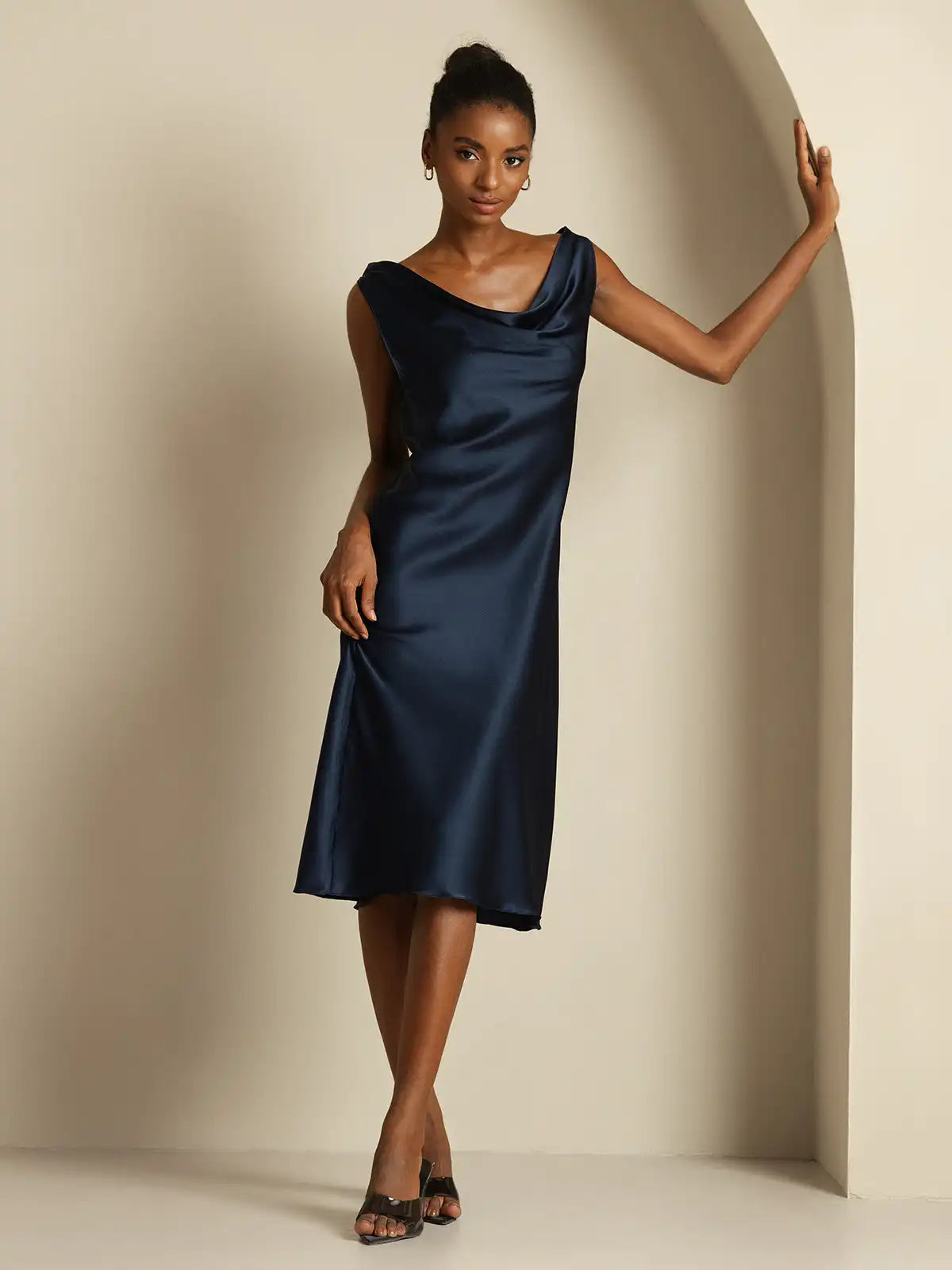 19Momme Silk Sleeveless Cowl Neck Knee Elegant Dress
