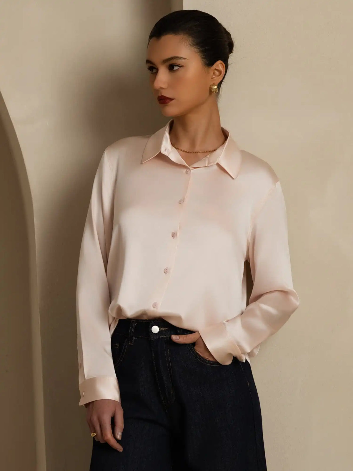 19Momme Silk Long Sleeve Lapel Collar Women's Shirt