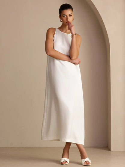 100% Mulberry Silk Crew Neck  Sleeveless Self-Tie Midi Dress