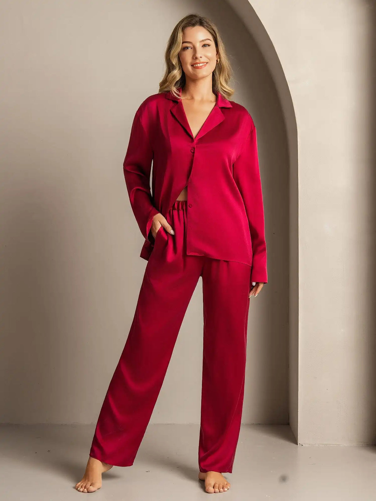 Clearance - 19Momme Washable Silk Long Sleeve Notch Collar Women's Pajamas Set