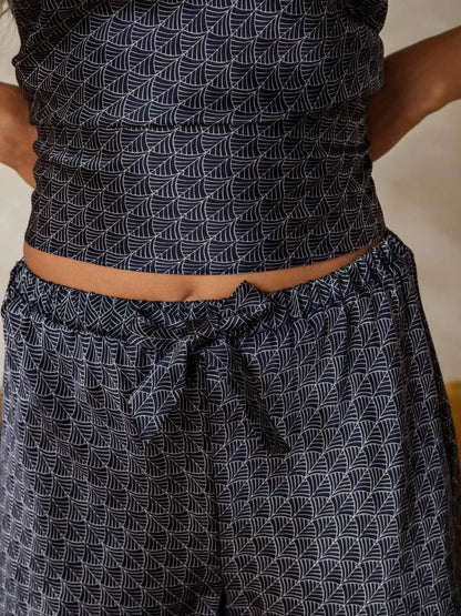 100% Mulberry Silk Navy Ginkgo Print Spaghetti Strap V Neck Camisole Set