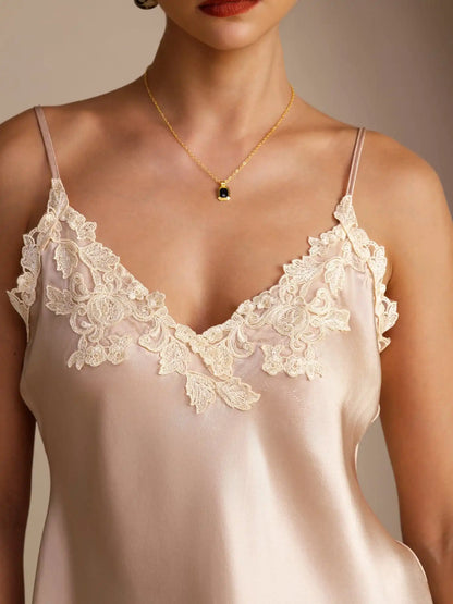 100% Mulberry Silk Spaghetti Strap  V-neck Lace Camisole Top