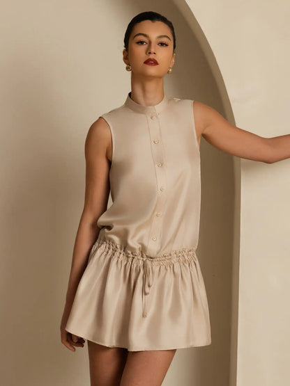 Clearance - Pure Silk Sleeveless Short Dress With Adjustable Drawstring Drop Waist