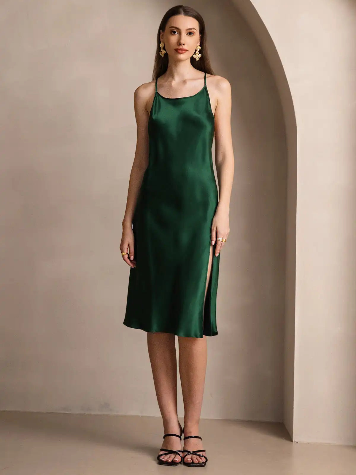 Elegant 100% Mulberry Silk Cross Backless Midi Dress with Side Slit