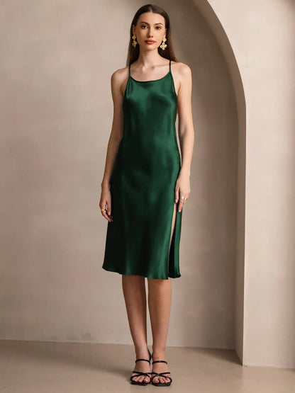 Elegant 100% Mulberry Silk Cross Backless Midi Dress with Side Slit