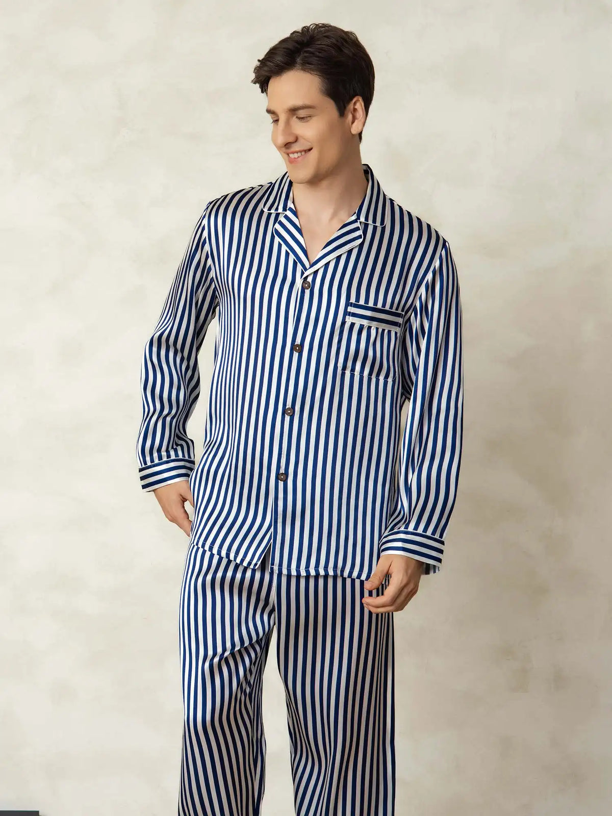 Men's 100% Mulberry Silk Stripe Print Long Sleeve Lapel Collar Pajamas Set