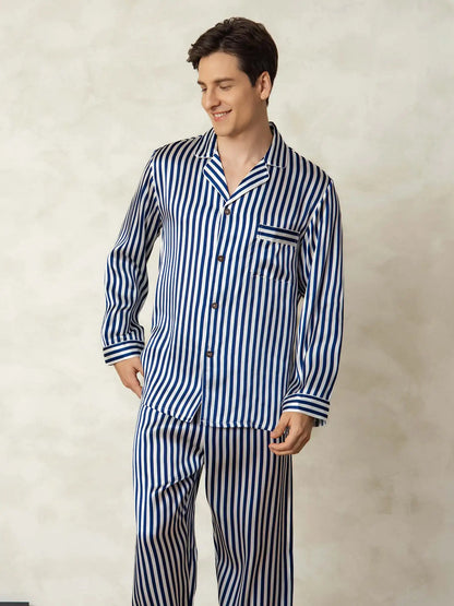 Men's 100% Mulberry Silk Stripe Print Long Sleeve Lapel Collar Pajamas Set