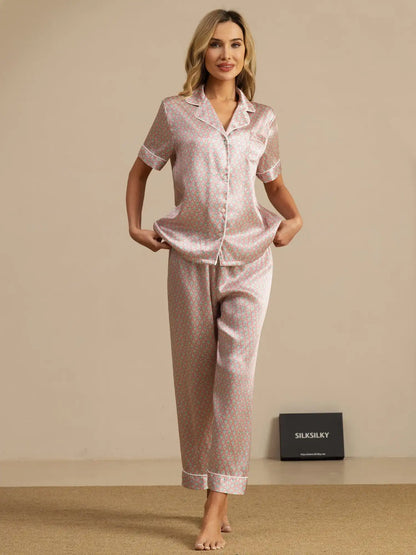 Clearance - 100% Mulberry Silk Geometric Print Short Sleeve Notch Collar Women's Pajamas Set With Pants