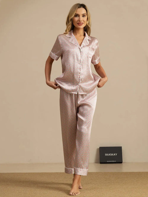Clearance - 100% Mulberry Silk Geometric Print Short Sleeve Notch Collar Women's Pajamas Set With Pants