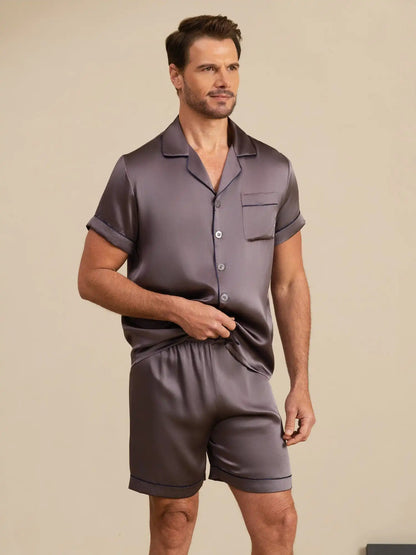 100% Mulberry Silk Short Sleeve Notch Collar Men's Pajamas Set with Shorts