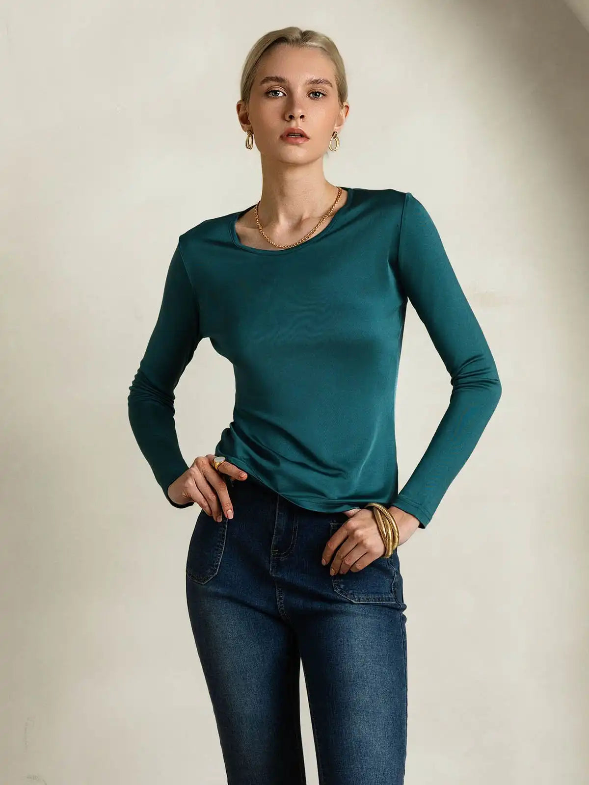 Women's Silk Long Sleeve Round Neck Top